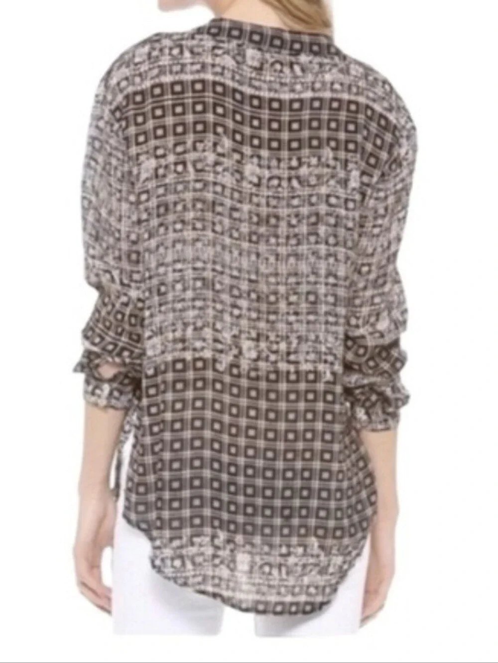 Free People Boho Patterned Button-Front Blouse Tassel Top Size Large L